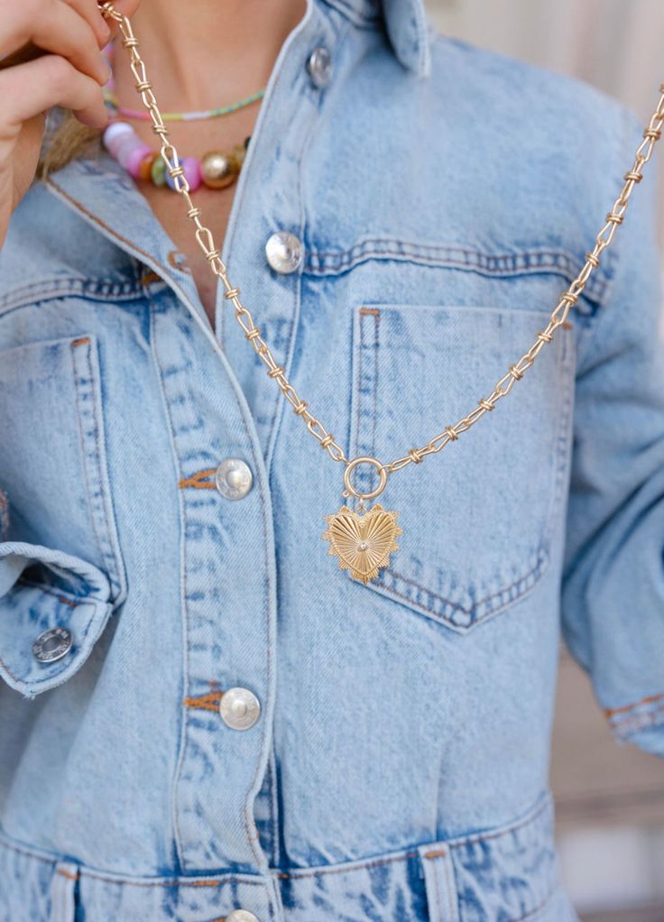 This vintage inspired gold toggle necklace with a heart charm is more than just a pretty piece—it's a daily reminder to love yourself and share that love with the world. The charm hangs on a beautifully unique chain, adding a trendy twist to your everyday look. Whether you’re dressing up or keeping it casual, this necklace is a stylish way to spread love and kindness wherever you go! Features • Gold plated brass • Measures 15.5” plus a 3” extender, 1.5” dropdown heart Gold Necklace Sets, Love And Luck, Luck Necklace, Park Designs, Instagram Gift, Toggle Necklace, Necklace Sets, Gold Statement Necklace, Gold Necklace Set