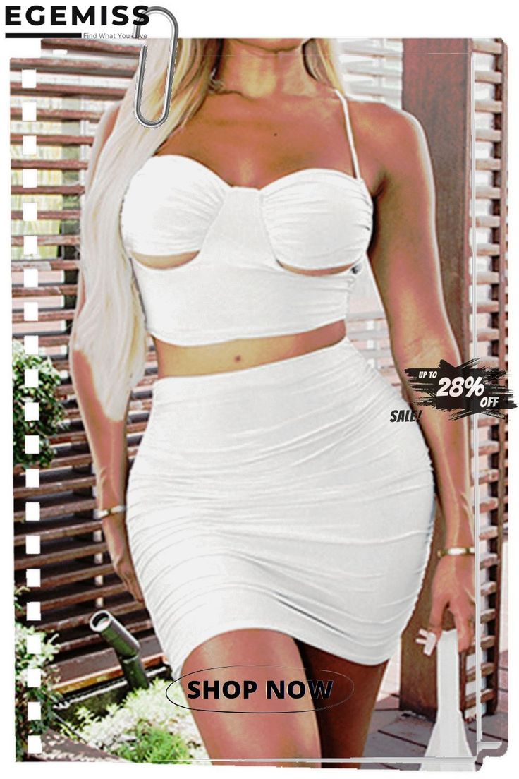 Sexy Casual Solid Bandage Strap Design Spaghetti Strap Sleeveless Two Pieces White Tube Top With Spaghetti Straps And Built-in Bra, Flirty Fitted Cami Crop Top, Summer Flirty Tube Top With Spaghetti Straps, Flirty Spaghetti Strap Tube Top For Summer, White Halter Neck Tank Top For Club, Flirty Strapless Tank Top For Summer, White Camisole With Built-in Bra For Night Out, Club Crop Top With Built-in Bra And Spaghetti Straps, White Spaghetti Strap Crop Top For Party