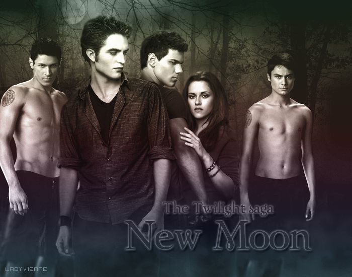 the twilight saga new moon movie poster with four shirtless young men standing in front of trees