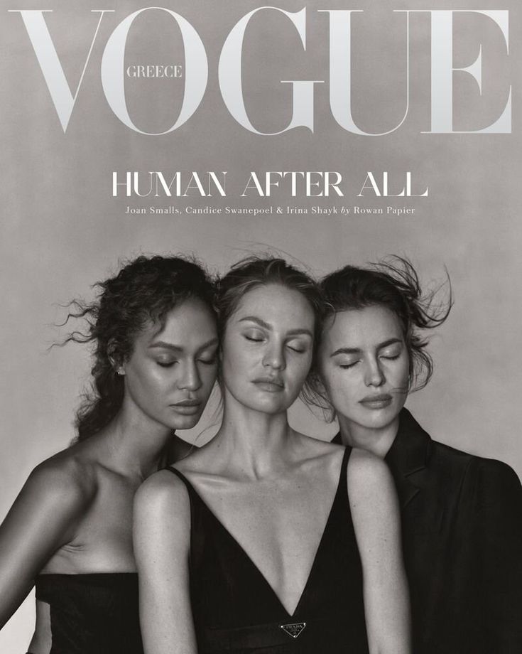 three women in black dresses on the cover of a magazine, with their eyes closed