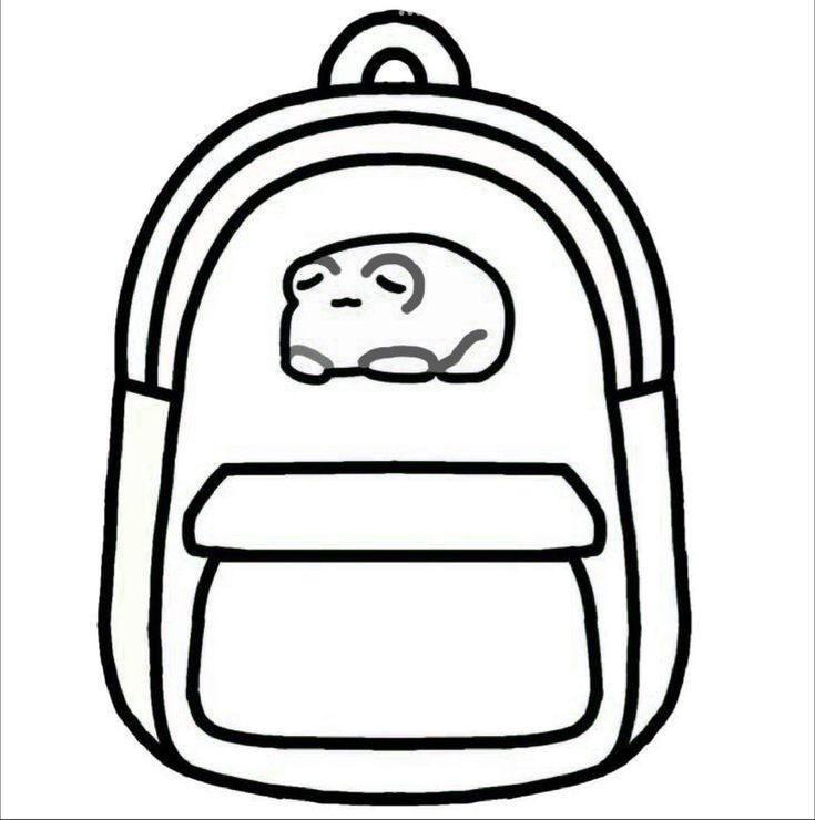 a black and white drawing of a backpack with a sleeping cat on it's back