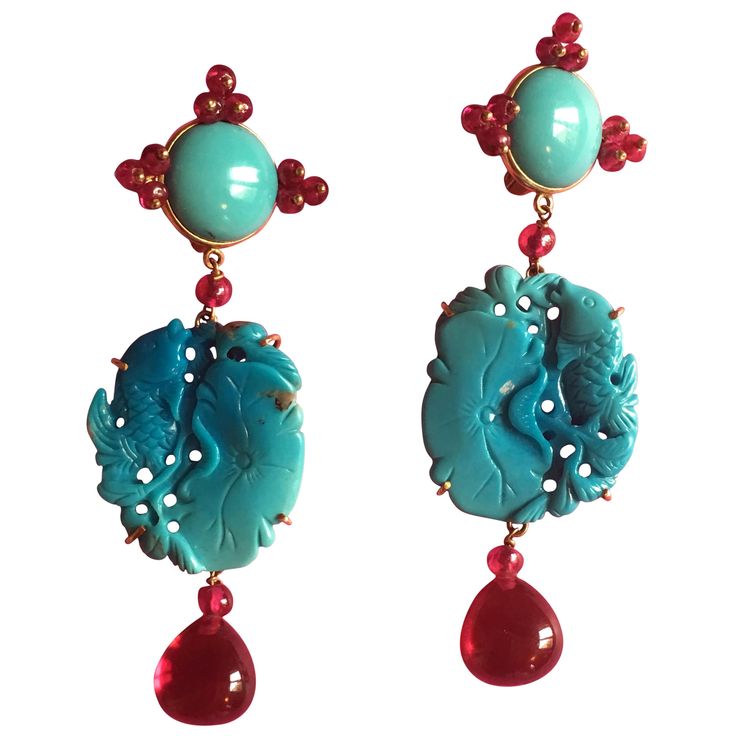 earrings with cabochon turquoise, carved antiques turquoise plaque with fish and lotus leafs rubellite drops gold. total weight of each one 12,03 gr total length 7cm. gold 16 gr All Giulia Colussi jewelry is new and has never been previously owned or worn. Each item will arrive at your door beautifully gift wrapped in our boxes, put inside an elegant pouch or jewel box. Antique Turquoise Jewelry, Art Deco Drop Earrings, Teal Jewelry, Italian Gold Jewelry, Antique Turquoise, Gold Heart Earring, Bling Earrings, Contemporary Earrings, Rose Gold Pendant