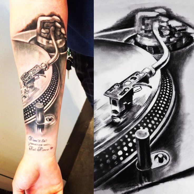 two pictures one with a dj turntable and the other has a tattoo on it