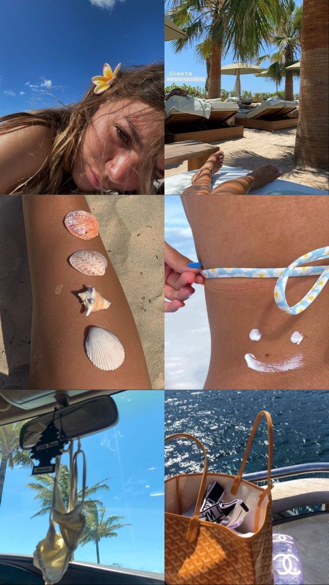 a collage of photos showing different things on the beach and in the water, with one woman's body covered in seashells