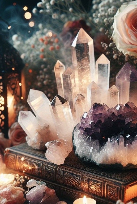 Mineral Stone Decor, Witchy Space Aesthetic, Crystal Aethstetic, Decor With Crystals And Stones, Witchy Vibe Room, Witchy Candle Aesthetic, Mediation Room Aesthetic, Witchy Massage Room, Crystal Alter Aesthetic