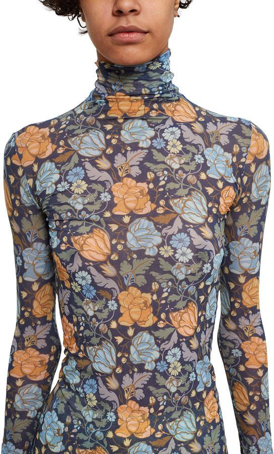 Acne Studios Floral Long-Sleeve Turtleneck Satin Turtleneck, Floral Turtleneck, Mesh Turtleneck, Orange Flower, Long Sleeve Turtleneck, Accessories For Women, Flower Print, Blue Orange, North America