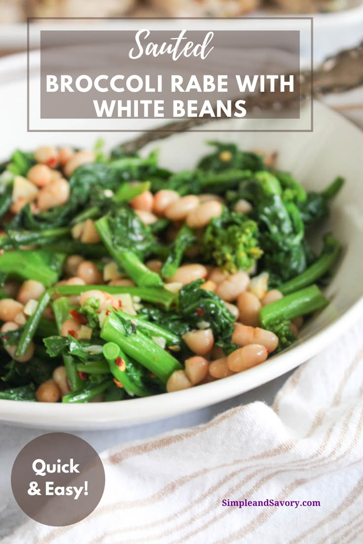 broccoli rabe with white beans in a bowl on top of a table