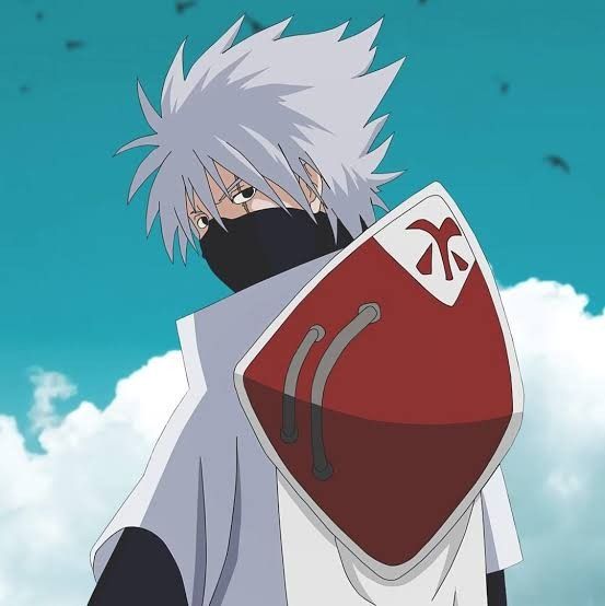 an anime character with white hair and black eyes wearing a red shield in front of blue sky