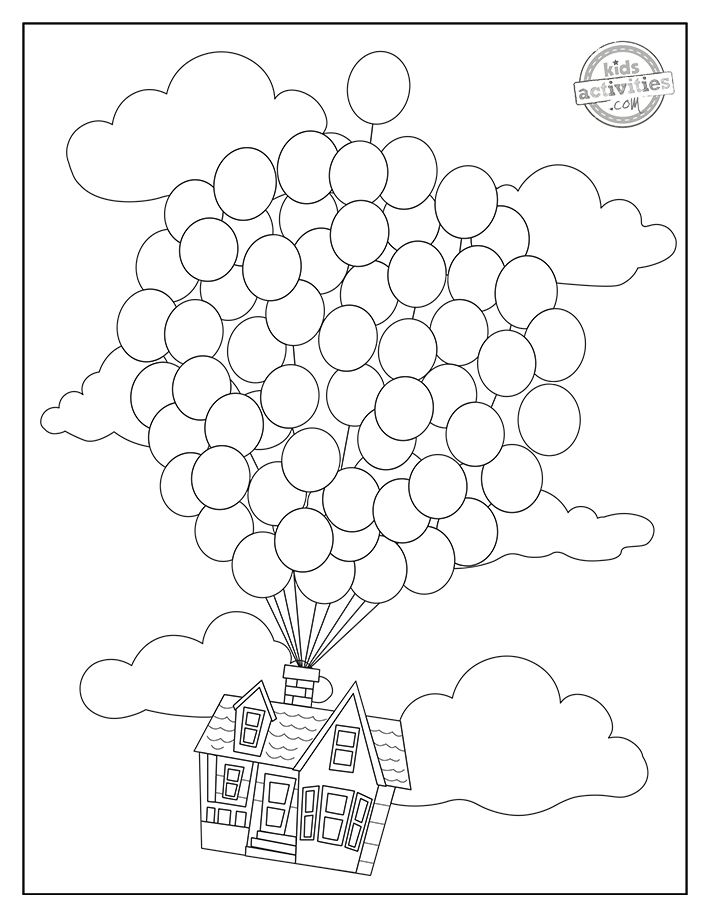 a drawing of a house with balloons floating from it's roof in the sky