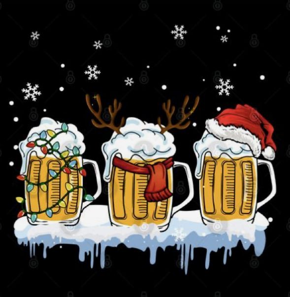 three mugs of beer with christmas hats and reindeer antlers in the snow on a black background