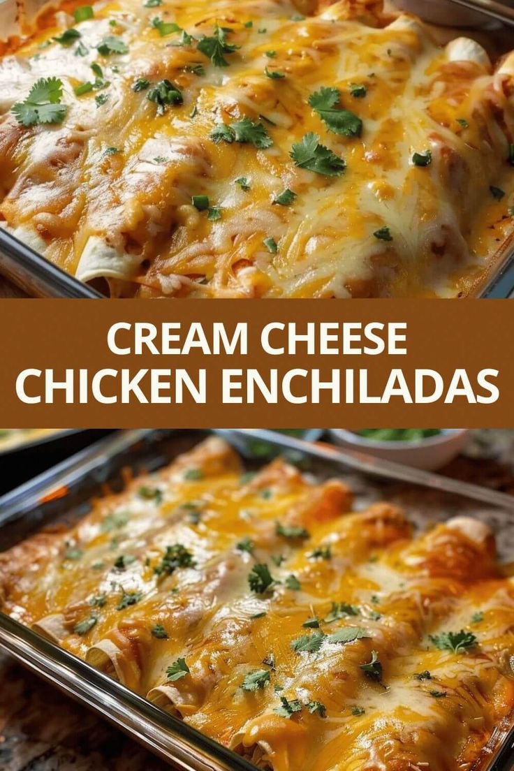 chicken enchiladas in a casserole dish with cheese and parsley