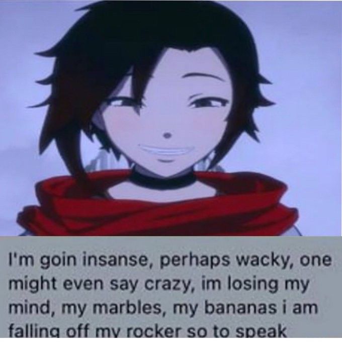 an anime character with black hair wearing a red scarf and text that reads, i'm gon insense, perhaps wacky, one night even say crazy, im losing my mind