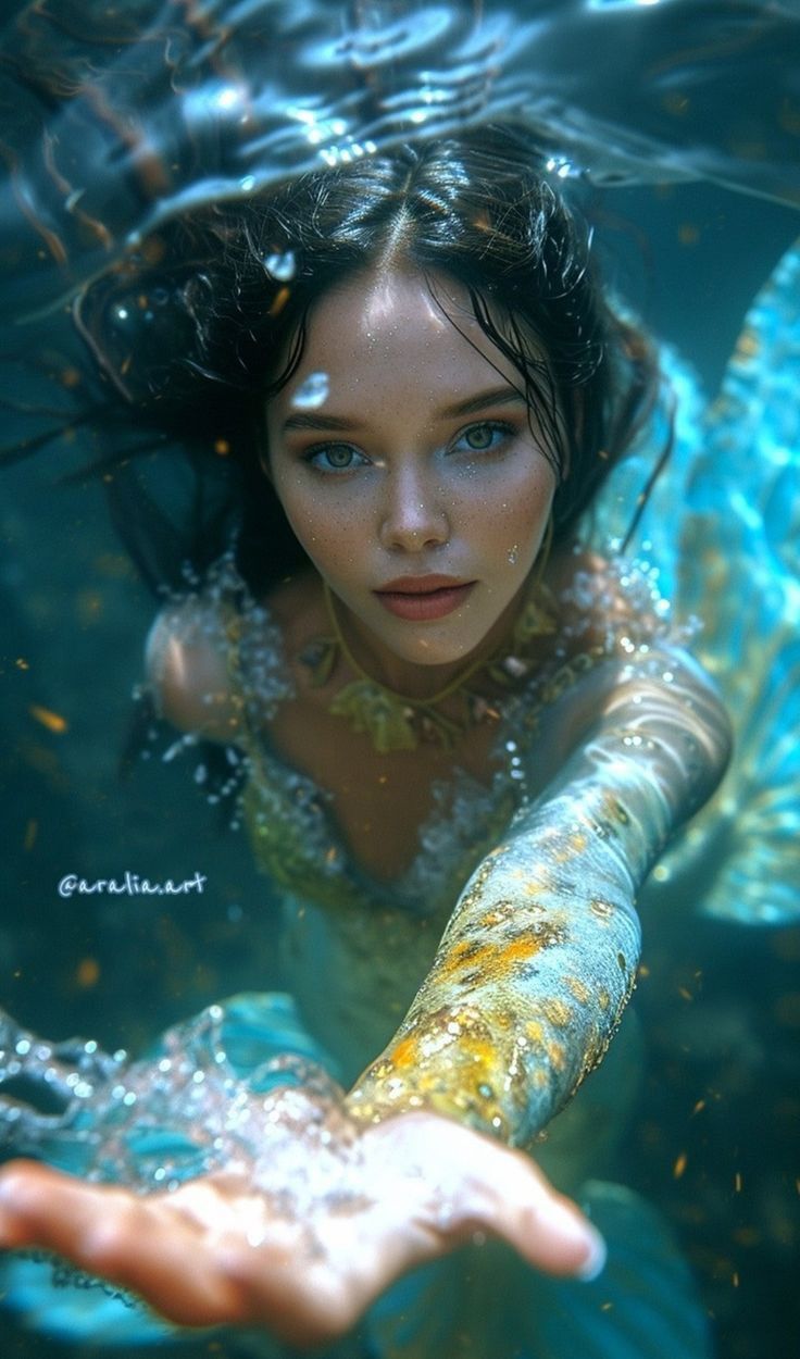 a woman in a body of water holding out her hand to the camera while she is submerged