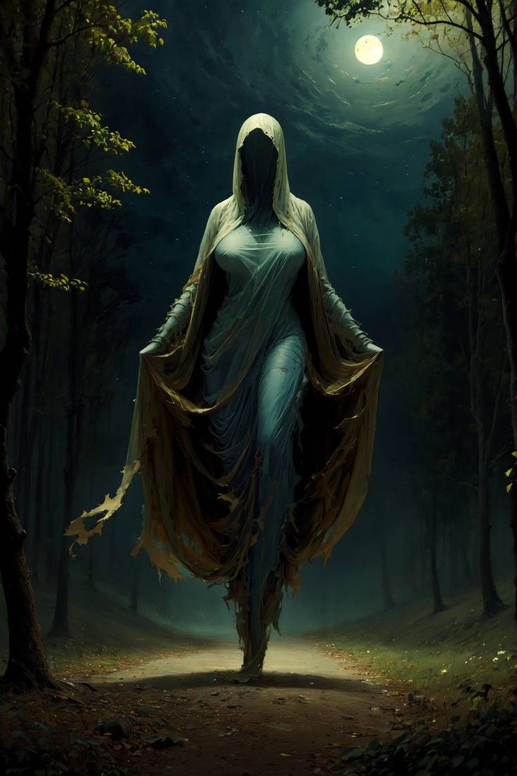 a ghostly woman walking in the woods at night with her arms wrapped around her body