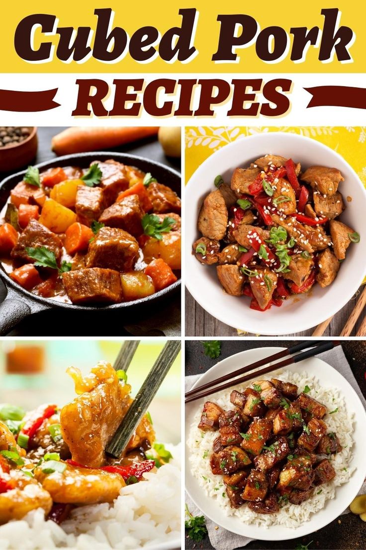 four different pictures with the words cubed pork recipes on them and images of various food items