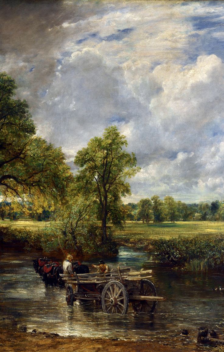 a painting of horses pulling a wagon across a river