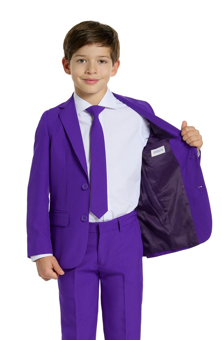 They'll look extra regal for their next formal even in this classic, two-button suit jacket and matching pants set complete with a tie and crisp button-up shirt. Jacket has two-button closure; notched lapels; nonfunctional three-button cuffs; chest welt pocket; front flap pockets; side vents Shirt has front button closure; spread collar; long sleeves with button cuffs Pants have zip fly with button-tab closure; front slant pockets; back welt pockets 100% polyester Machine wash, line dry Imported Classic Purple Notch Lapel Suit, Classic Purple Formal Sets, Colorful Suit, Christmas Blazer, Tuxedo Prom, Suit For Boys, Shirts For Teens Boys, Purple Suit, Matching Pants Set