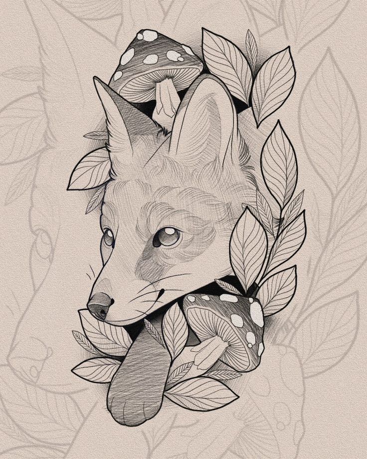 a drawing of a fox with leaves around it's neck and head in the shape of a wreath