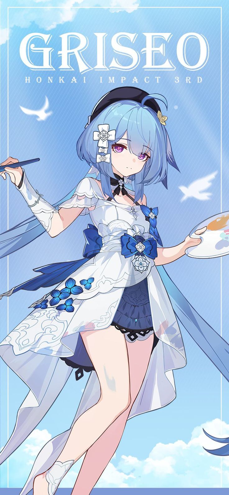 an anime character with blue hair and white dress