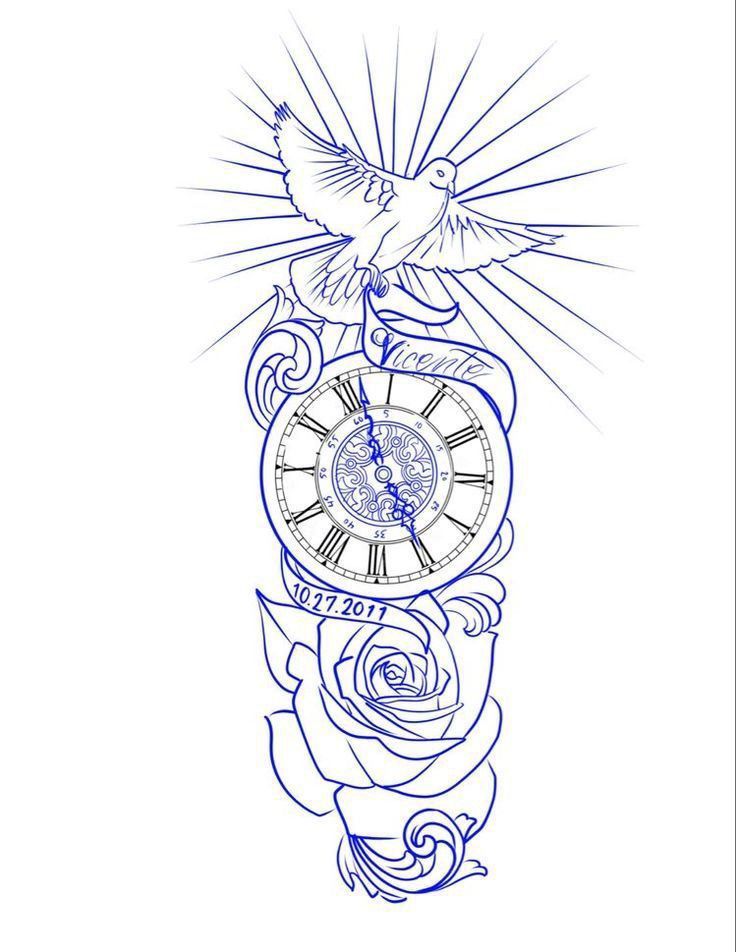 a drawing of a bird flying over a clock with roses on it's side