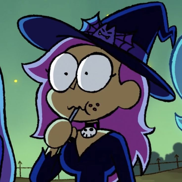 a cartoon character wearing a witches hat and holding a pipe