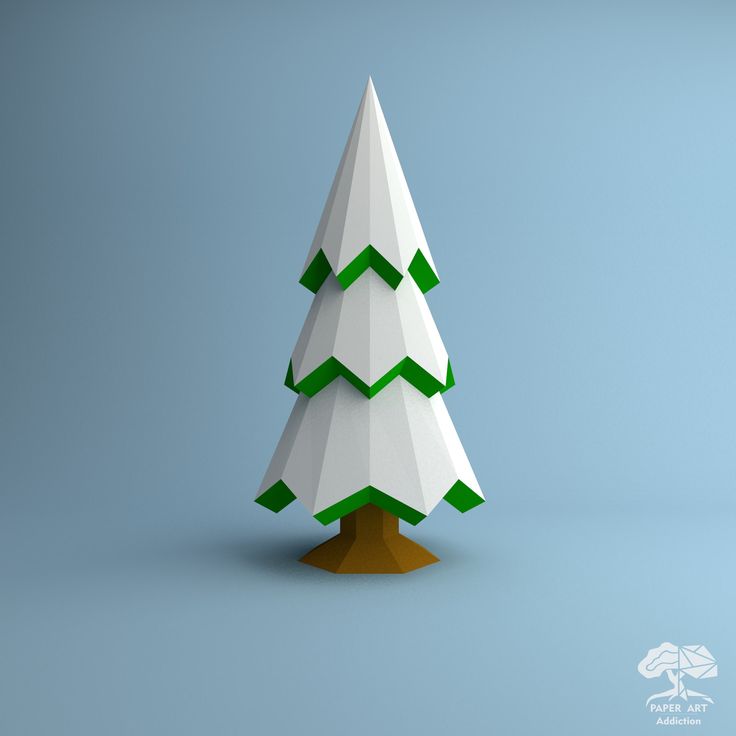 an origami christmas tree with green leaves on it's base, against a blue background