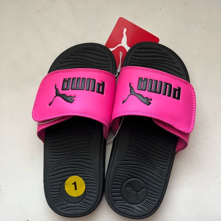 Brand New With Tag Pink $ Black Puma Slides Size 1 Puma Slippers, Pink Puma Shoes, Puma Slides, Pink Pumas, Pumas Shoes, Kids Sandals, Trendy Shoes, Cute Pink, Flip Flop Sandals