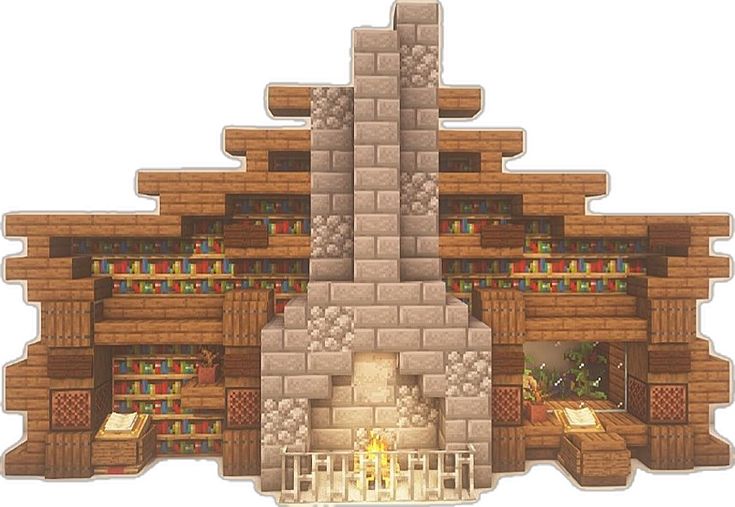 an image of a building made out of blocks and bricks with a fire place in the center