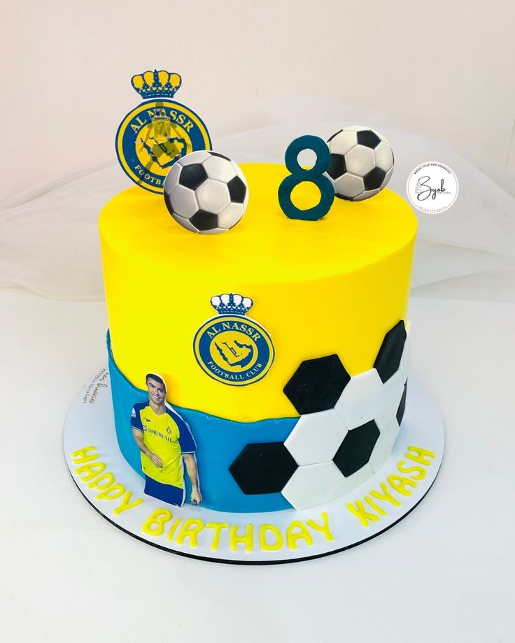 there is a cake with soccer balls on it