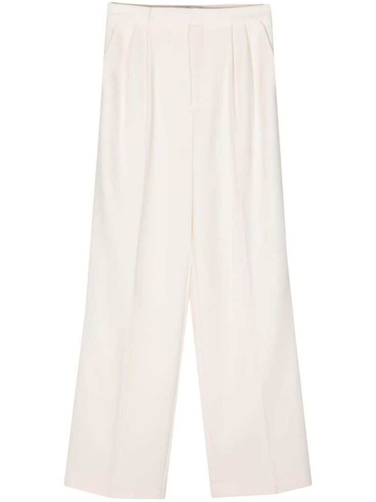 cream white tailored design pleat detailing pressed crease dart detailing high waist concealed front button, hook and zip fastening two side slash pockets rear welt pocket wide leg straight hem Wide Waist, Tailored Design, Roland Mouret, Tailored Trousers, Cream White, Dart, Welt Pocket, Bottoms Pants, Womens Bottoms