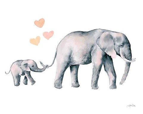 an elephant and her baby are standing together in the watercolor style, on a white background