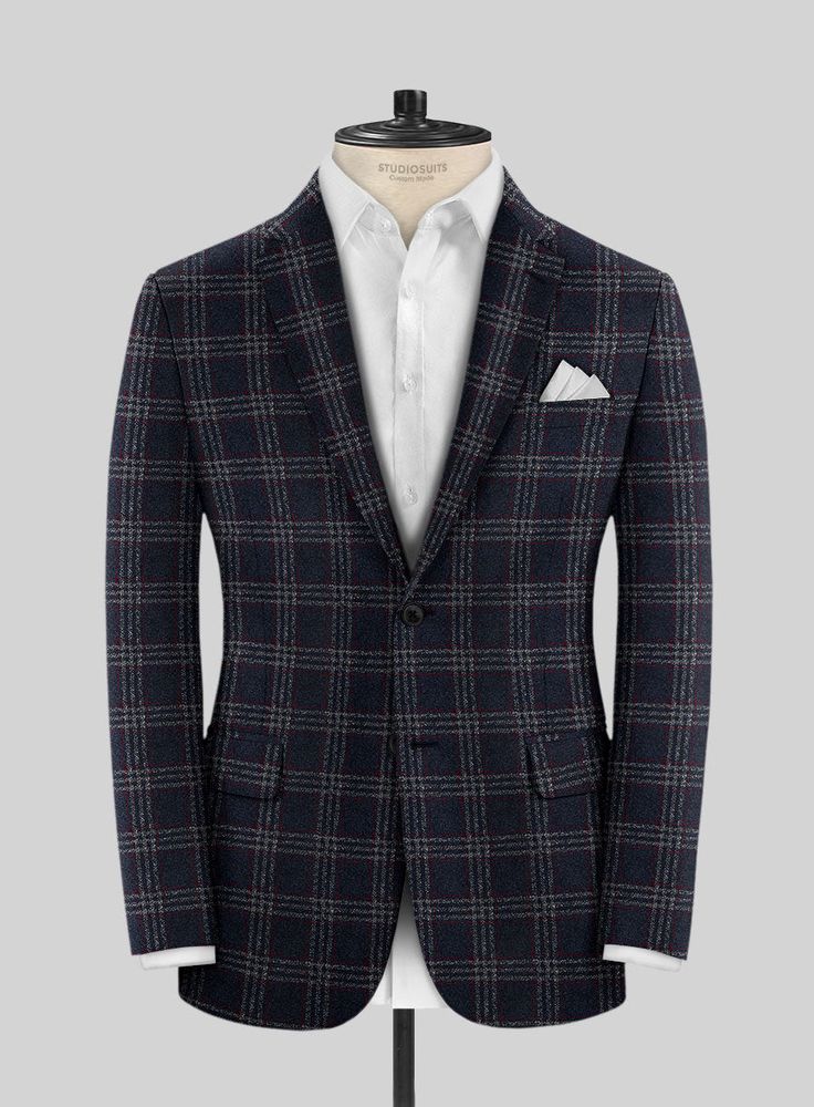 Reveal the inherent mastery of style with our Italian Wool Agrosi Jacket. Crafted from the finest wool blend, this jacket boasts a distinguished plaid pattern in deep navy, accented with striking red and white lines. The rich texture and intricate weave provide both warmth and a luxurious feel, making it perfect for any occasion. From daily business engagements to elegant weddings and lively parties, this jacket stands out as a distinguished and versatile choice.   Look features a 2 button jacket with notch lapels, horn royal black buttons, single vent and three cuff buttons.    Click 'Customize Now' to modify the look if needed.   Lining: Viscose. Semi-formal Plaid Outerwear With Welt Pockets, Luxury Plaid Single Breasted Tweed Jacket, Luxury Plaid Tweed Jacket Single Breasted, Luxury Plaid Single-breasted Tweed Jacket, Luxury Plaid Tweed Jacket With Welt Pockets, Tailored Plaid Formal Outerwear, Formal Tailored Plaid Outerwear, Tailored Plaid Outerwear For Formal Occasions, Plaid Wool Sport Coat With Lapel Collar