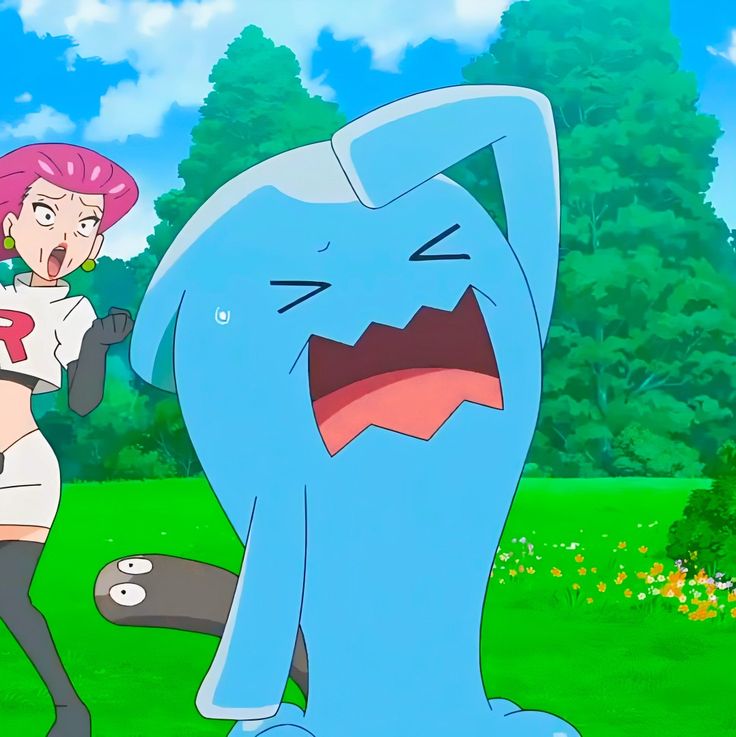 an animated image of a woman with pink hair standing in front of a giant blue monster