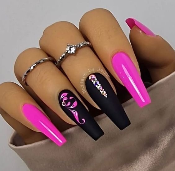 Pink On Pink Nail Designs, Tips Ideas Nail, Summer Leopard Nails Hot Pink, Neon Nails Purple, Fun Long Nails, Pink And Gray Nail Ideas, Bright Pink And Black Nails, Nail Designs Pink And Black, Pink Fall Nails Designs