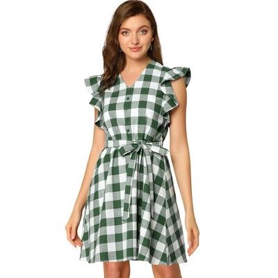 The plaid shirt dress is a must-have piece for summer! Create a retro silhouette with this vintage check shirt dress. This ruffled sleeve dress will see you through warmer days in effortless style. With an on-trend check print, this classic button-decor style boasts a shirt dress shape and nips in the waist with a tie waist for showing your waistline. Short Sleeve Plaid Dress With Ruffles For Picnic, Short Sleeve Checkered Plaid Dress With Ruffles, Spring Retro Sleeveless Plaid Dress, Retro Sleeveless Plaid Dress For Spring, Retro Gingham Plaid Dress For Spring, Retro Gingham Dress For Spring, Retro Gingham Plaid Spring Dress, Retro Plaid Dress For Spring, Preppy Knee-length Summer Dresses