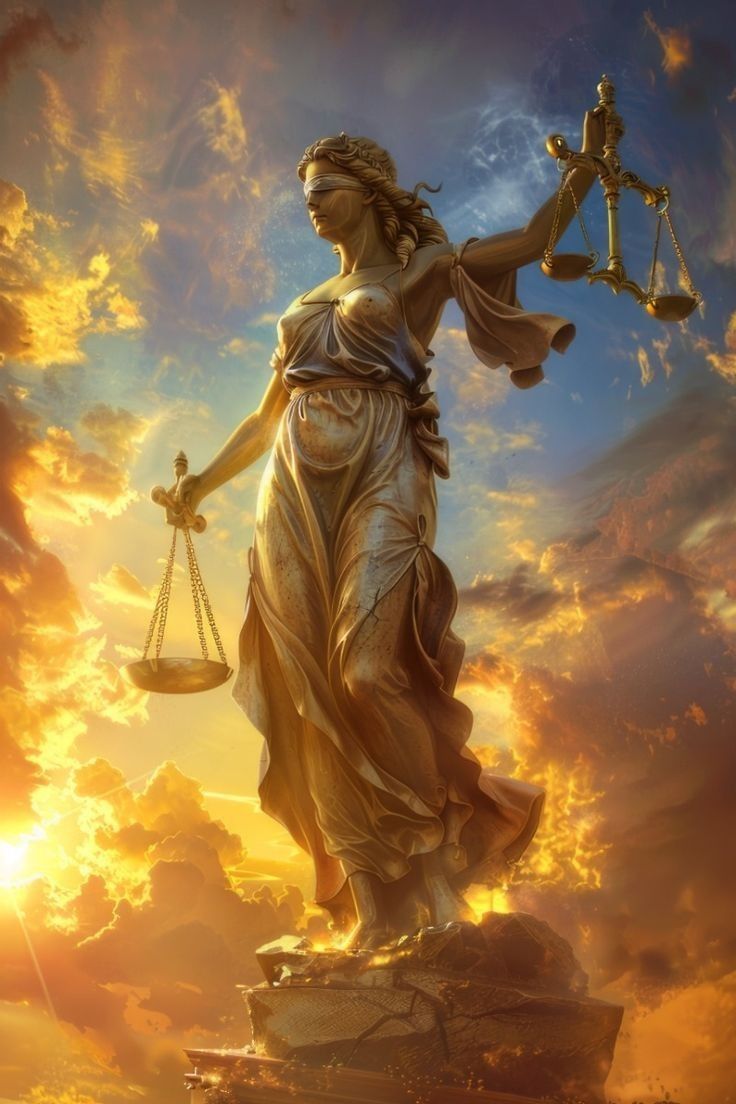 the statue of lady justice is shown in front of a beautiful sky with clouds and sun behind it