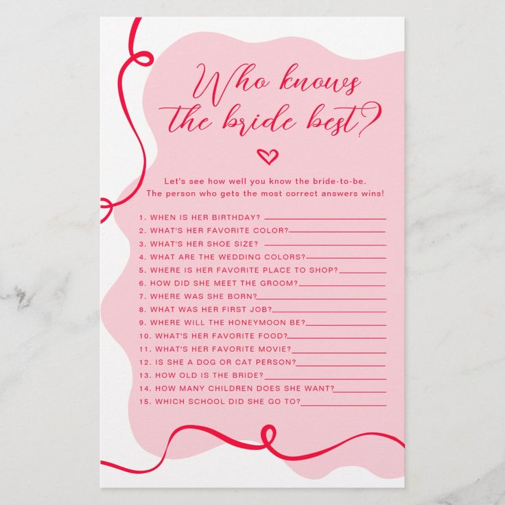 a pink and white wedding game with the words who knows the bride best?