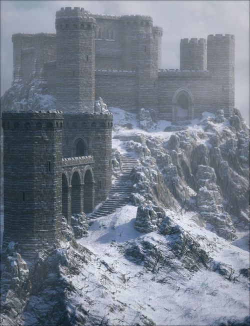 an old castle on top of a snowy hill