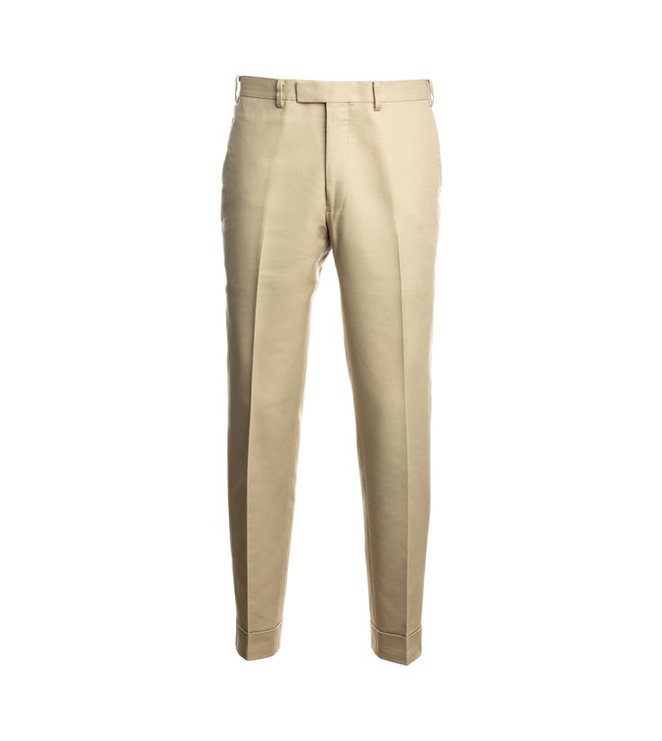 Cotton is an essential fabric in any man's wardrobe. Especially here, in a classic khaki shade. It's light weight and flat, twill surface provides a good base to layer other textures for a very nuanced look. While it is great for a classic spring/summer suit, we also love cotton trousers because of their ease of care and versatility.

Dry-clean only. Fitted Khaki Chinos For Spring, Classic Chinos For Business Casual In Summer, Classic Cream Pants With Straight Hem, Classic Summer Chinos For Business Casual, Formal Cream Cotton Bottoms, Classic Fitted Neutral Bottoms, Beige Bottoms With Pressed Crease And Straight Hem, Classic Straight Chinos For Summer, Beige Flat Front Dress Pants With Welt Pockets