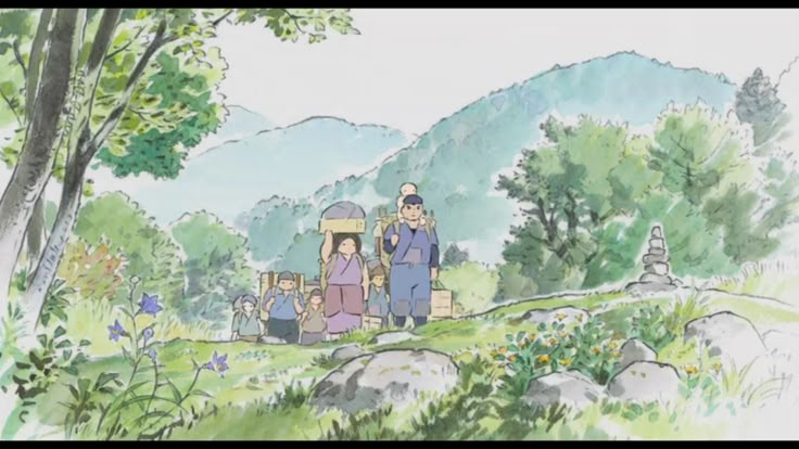 a drawing of people standing on top of a lush green hillside next to a forest