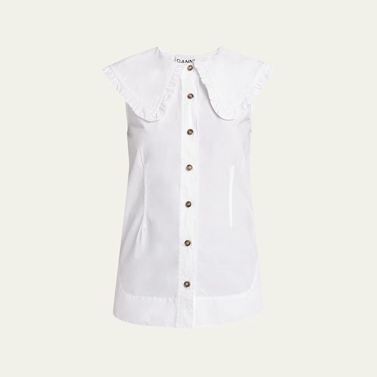 Ganni poplin shirt. Collared neckline; button front. Sleeveless. Relaxed fit. Shirttail hem. Cotton. Imported. Chic Sleeveless Cotton Shirt, Sleeveless Shirt For Spring Workwear, Sleeveless Workwear Shirt For Spring, Sleeveless Shirt For Spring Daywear, Sleeveless Spring Daywear Shirt, White Sleeveless Shirt For Work, White Sleeveless Shirt For Daywear, Casual Tops With Detachable Collar, Classic Sleeveless Summer Shirt