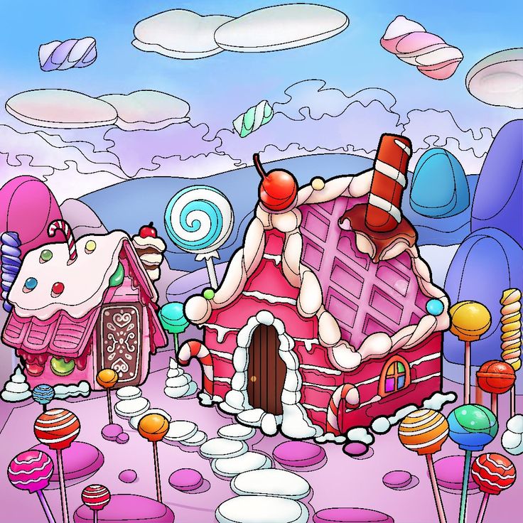 an image of a cartoon house with candy land in the background