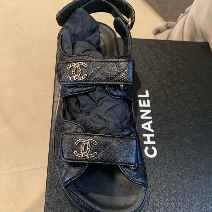 Chanel Dad Sandals Brand New. Comes With Box, Dustbag , Etc. Size 39 Black Calfskin Leather With Gold Hardware Super Rare And Limited. Message Me For More Questions. Cheaper If Purchased Through Different Source Luxury Patent Leather Sandals, Luxury Leather Evening Sandals, Luxury Leather Sandals With Leather Lining, Designer Black Leather Sandals, Luxury Black Sandals With Leather Sole, Black Designer Leather Sandals, Luxury Black Sandals, Luxury Sandals With Leather Lining And Round Toe, Luxury Leather-lined Sandals For Evening