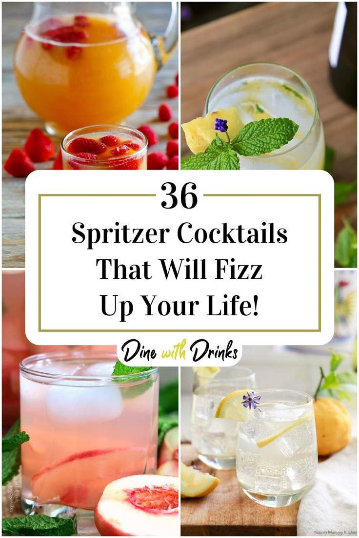 Collage of 4 spritzer cocktails. Spring Spritzer Cocktail, Drink Mixers For Party, Spritzer Bar Ideas, Light Cocktails Summer, Light Summer Drinks Alcohol, Champagne Spritzer Cocktails, Run Cocktail Recipes, Spring Cocktails For A Crowd, Sprite Alcohol Drinks