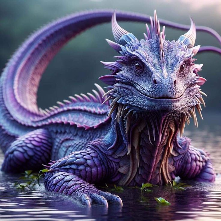 a purple dragon sitting in the water with its eyes open and it's tongue out