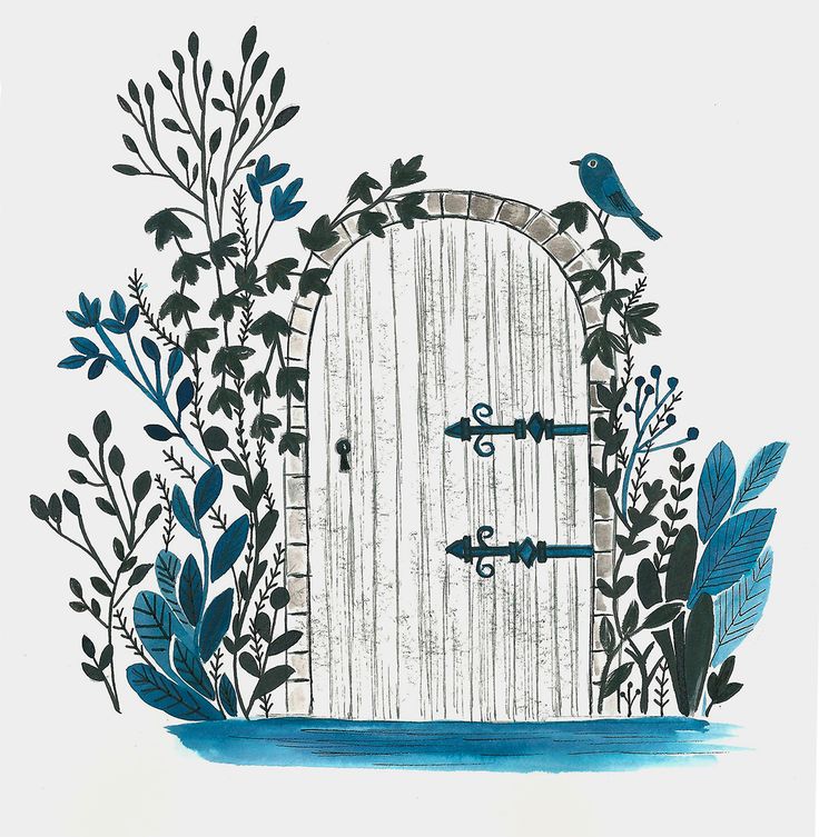 an illustration of a door with plants and birds around it on a white background that has blue ink