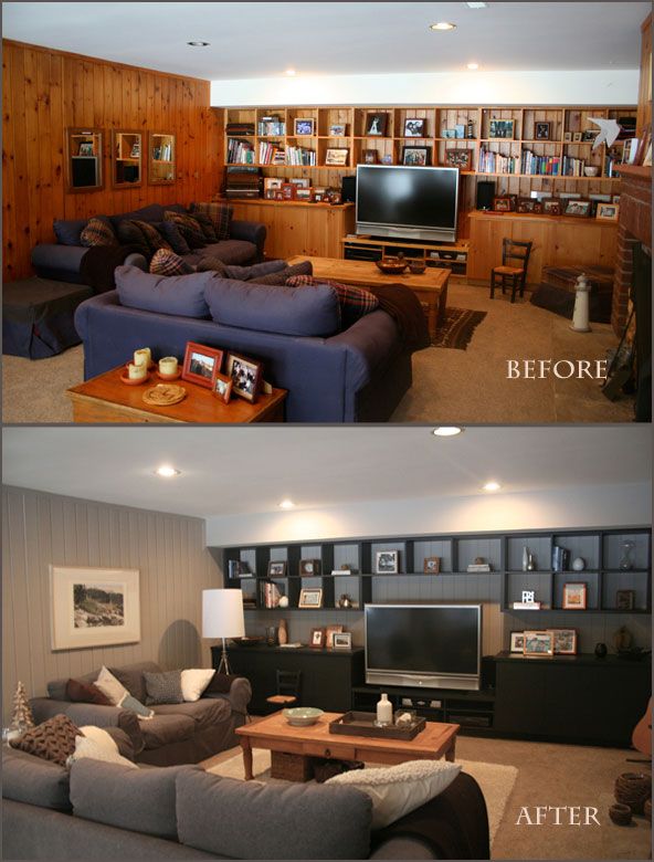 before and after pictures of a living room with built in bookshelves, couches, coffee table and television