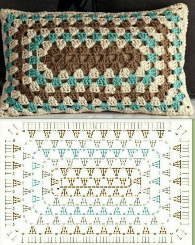 two crocheted pillows with different patterns on them, one is brown and the other is blue