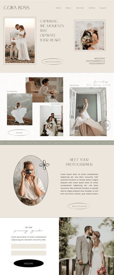 wedding photographer squarespace web design by studio Bressi Wedding Website Color Palette, Wedding Photographer Website, Photographer Website Design, Feminine Web Design, Photography Website Templates, Unique Web Design, Shopify Ecommerce, Wedding Website Design, Design For Wedding