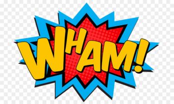 the word wham is written in yellow, blue and red colors with an open mouth